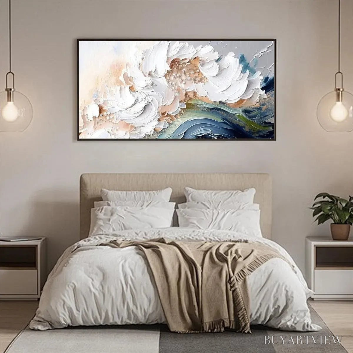 BUYARTVIEW Ocean Whispers – Textured Abstract Seascape Painting, White and Blue , Panoramic Canvas, Coastal Decor - image 4
