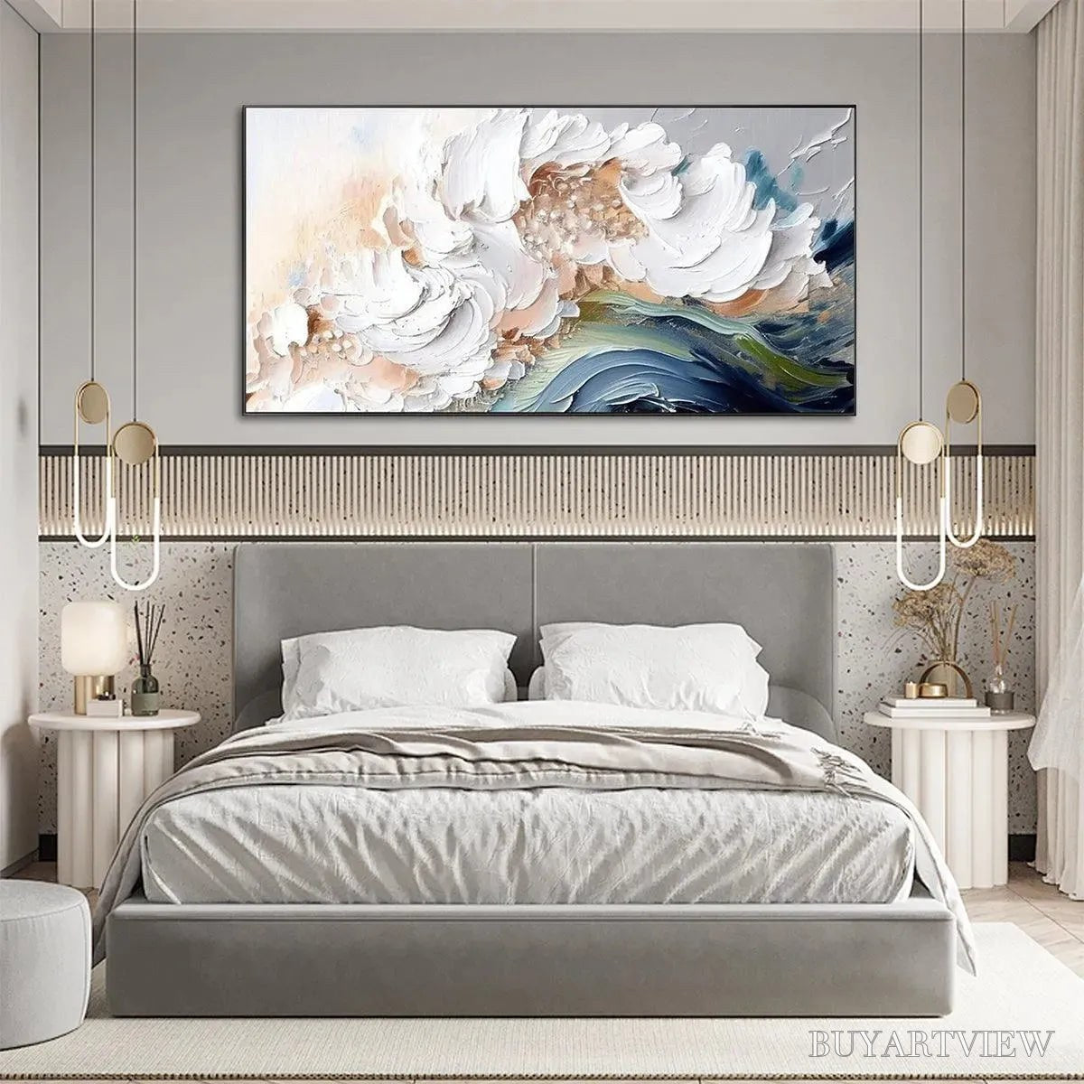 BUYARTVIEW Ocean Whispers – Textured Abstract Seascape Painting, White and Blue , Panoramic Canvas, Coastal Decor - image 6