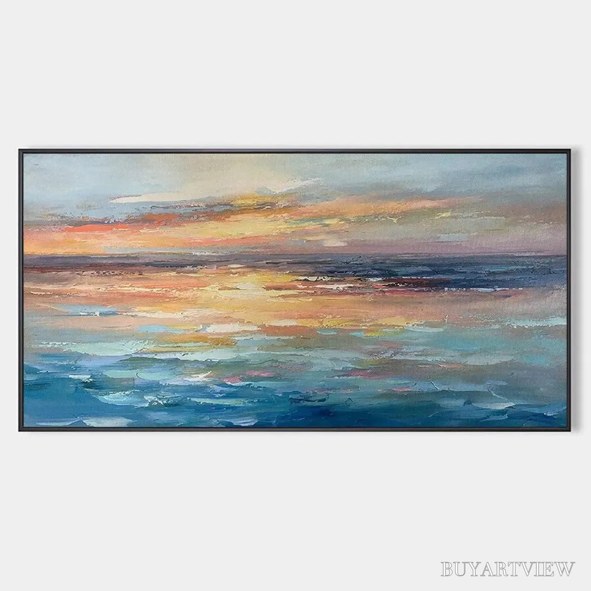 BUYARTVIEW Serene Sunset – Panoramic Seascape Painting, Textured , Horizontal Canvas, Beach Decor - image 1