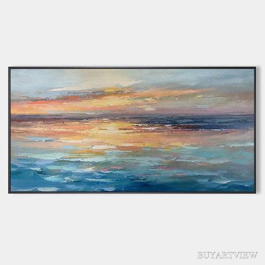 BUYARTVIEW Serene Sunset – Panoramic Seascape Painting, Textured , Horizontal Canvas, Beach Decor - image 1