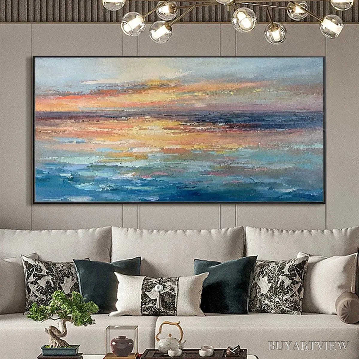 BUYARTVIEW Serene Sunset – Panoramic Seascape Painting, Textured , Horizontal Canvas, Beach Decor - image 2
