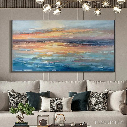BUYARTVIEW Serene Sunset – Panoramic Seascape Painting, Textured , Horizontal Canvas, Beach Decor - image 2