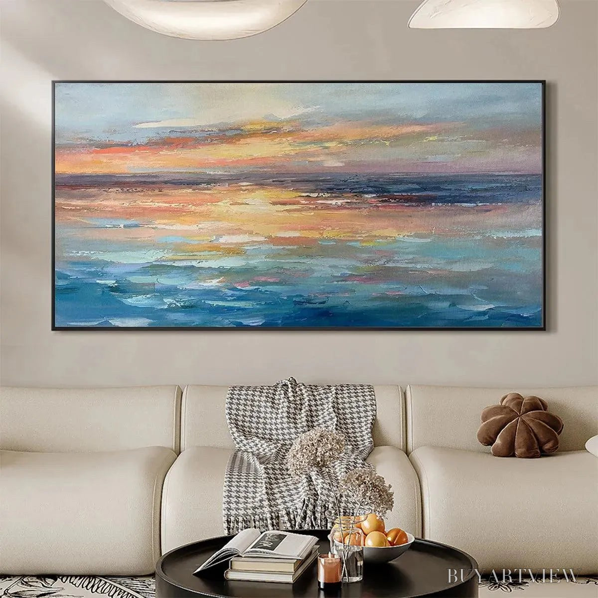 BUYARTVIEW Serene Sunset – Panoramic Seascape Painting, Textured , Horizontal Canvas, Beach Decor - image 4