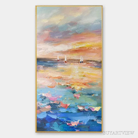 BUYARTVIEW Sailing At Sunset – Colorful Seascape Painting, Textured , Vertical Canvas, Beach Decor - image 1