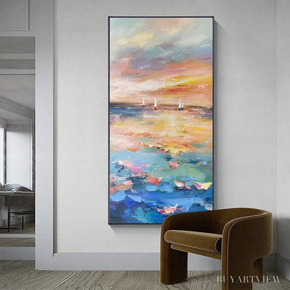 BUYARTVIEW Sailing At Sunset – Colorful Seascape Painting, Textured , Vertical Canvas, Beach Decor - image 4