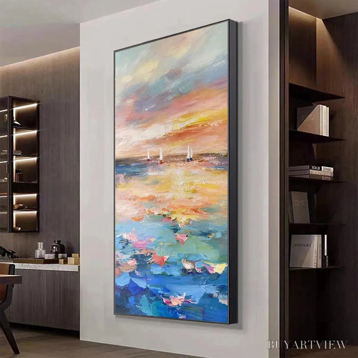 BUYARTVIEW Sailing At Sunset – Colorful Seascape Painting, Textured , Vertical Canvas, Beach Decor - image 5