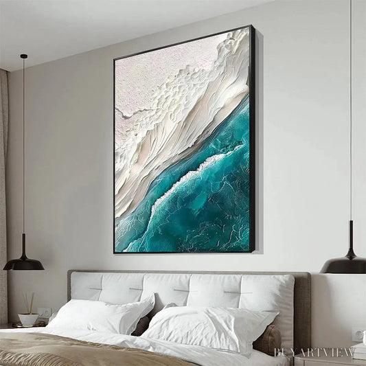 BUYARTVIEW Azure Dream – Textured Abstract Seascape, Teal and White , Vertical Canvas, Coastal Decor - image 2