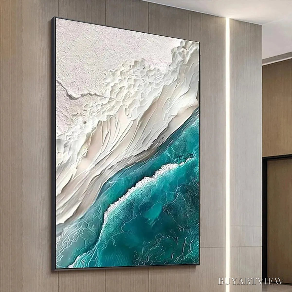 BUYARTVIEW Azure Dream – Textured Abstract Seascape, Teal and White , Vertical Canvas, Coastal Decor - image 4