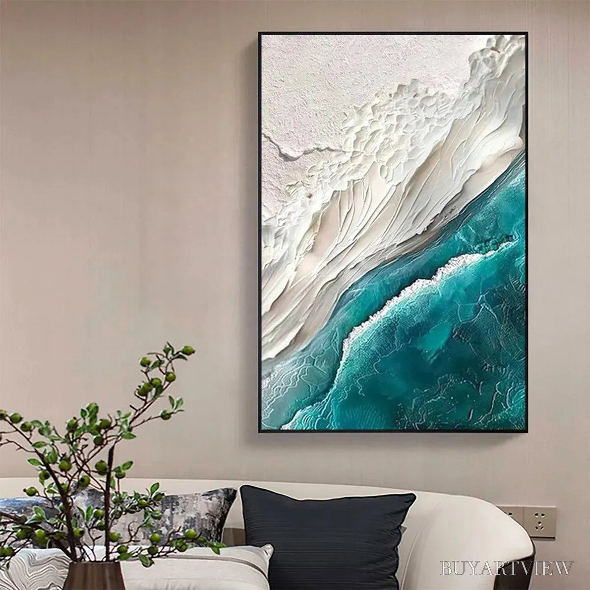 BUYARTVIEW Azure Dream – Textured Abstract Seascape, Teal and White , Vertical Canvas, Coastal Decor - image 5