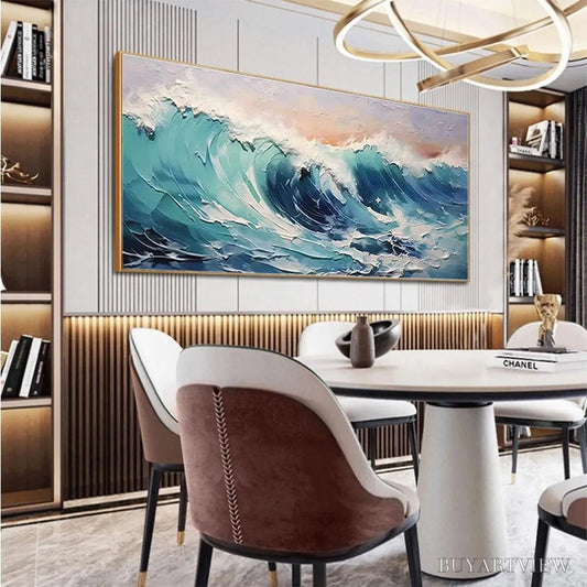 BUYARTVIEW Cresting Wave – Textured Ocean Painting, Turquoise Wave , Panoramic Canvas, Seascape Decor - image 2