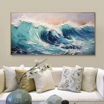 BUYARTVIEW Cresting Wave – Textured Ocean Painting, Turquoise Wave , Panoramic Canvas, Seascape Decor - image 4
