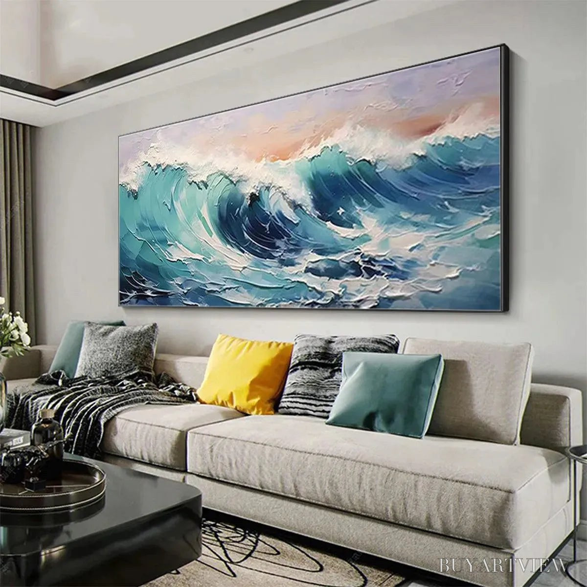BUYARTVIEW Cresting Wave – Textured Ocean Painting, Turquoise Wave , Panoramic Canvas, Seascape Decor - image 5