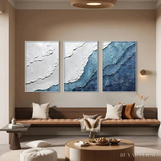 BUYARTVIEW Textured Oceanscape Triptych – Textured Abstract Painting Set of 3 - image 2