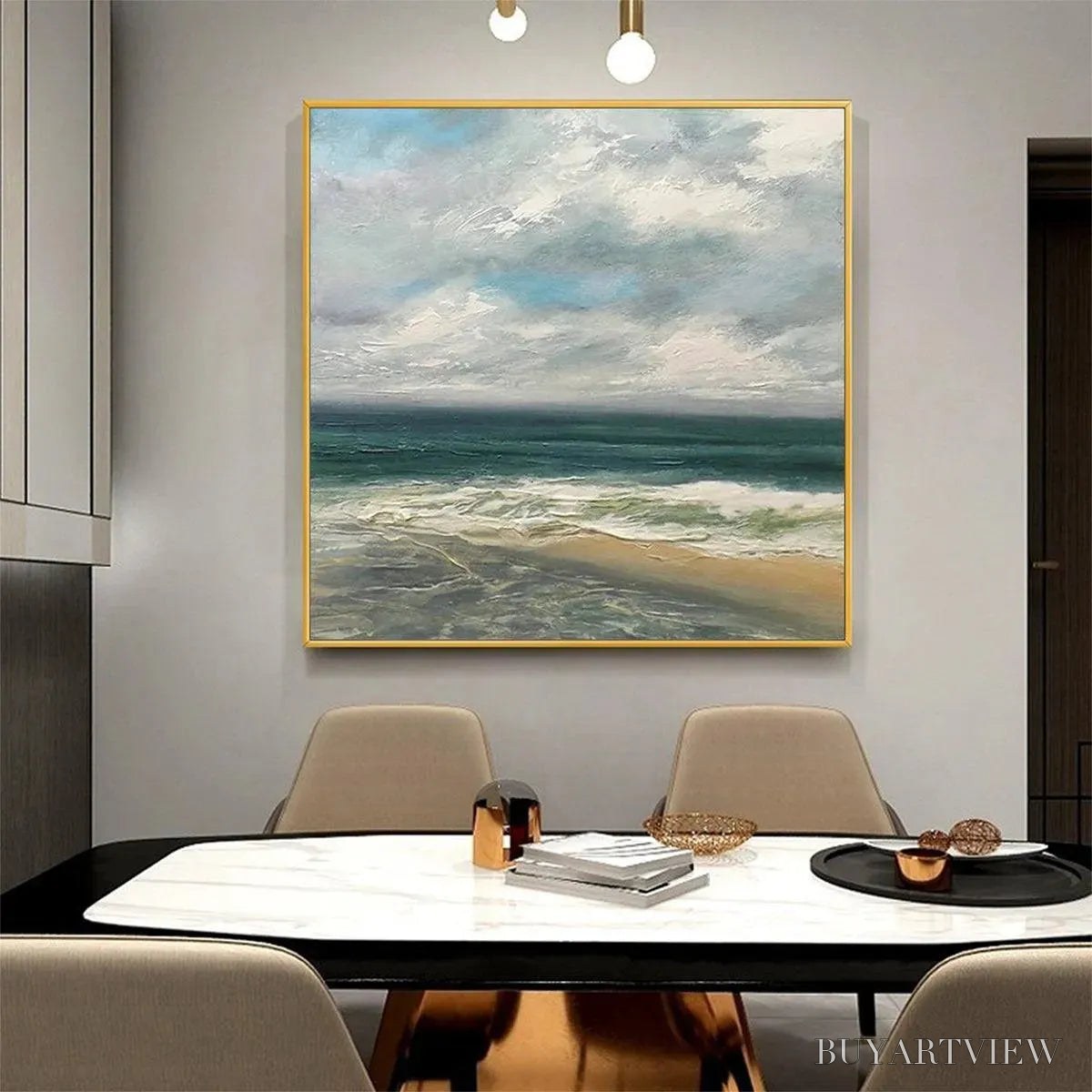 BUYARTVIEW Cloudy Coastal Scene – Square Coastal Landscape Painting, Square - image 2
