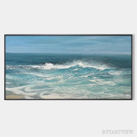 BUYARTVIEW Azure Crests – Dynamic Seascape Painting, Panoramic - image 1
