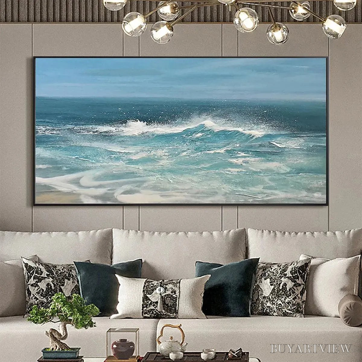 BUYARTVIEW Azure Crests – Dynamic Seascape Painting, Panoramic - image 2