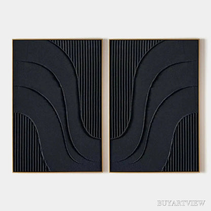 BUYARTVIEW Black Textured Waves Diptych – Textured Abstract Painting Set of 2, Vertical - image 1
