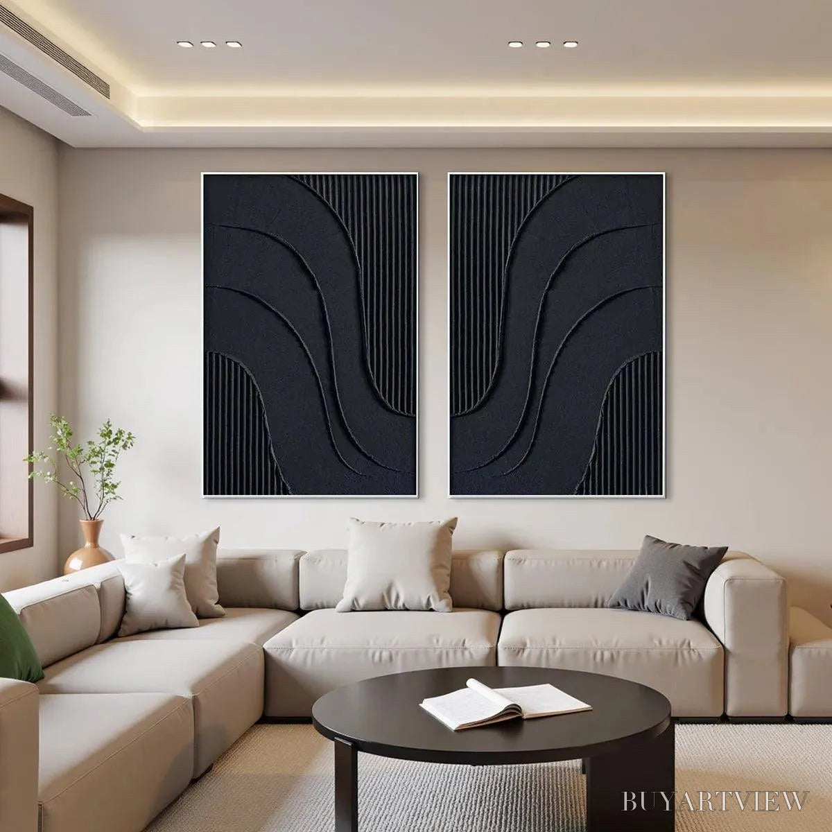 BUYARTVIEW Black Textured Waves Diptych – Textured Abstract Painting Set of 2, Vertical - image 2