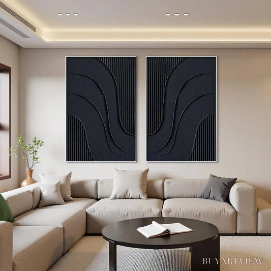 BUYARTVIEW Black Textured Waves Diptych – Textured Abstract Painting Set of 2, Vertical - image 2