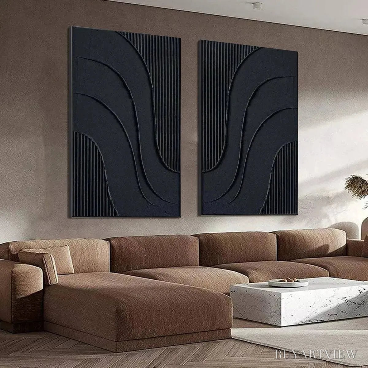 BUYARTVIEW Black Textured Waves Diptych – Textured Abstract Painting Set of 2, Vertical - image 4