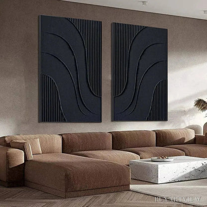BUYARTVIEW Black Textured Waves Diptych – Textured Abstract Painting Set of 2, Vertical - image 4