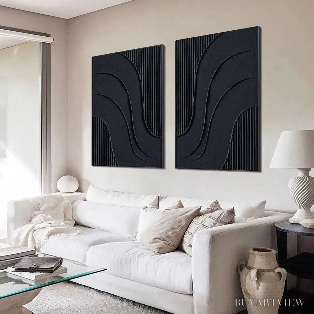 BUYARTVIEW Black Textured Waves Diptych – Textured Abstract Painting Set of 2, Vertical - image 5