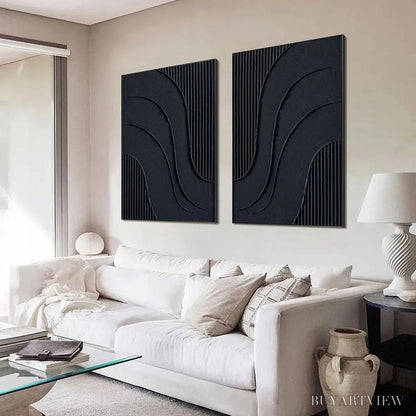 BUYARTVIEW Black Textured Waves Diptych – Textured Abstract Painting Set of 2, Vertical - image 5