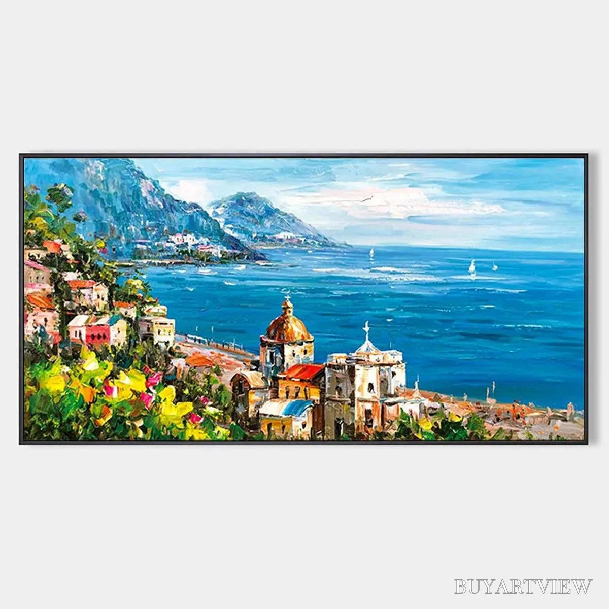BUYARTVIEW Coastal Mediterranean Town – Vibrant Coastal Landscape Painting, Panoramic - image 1