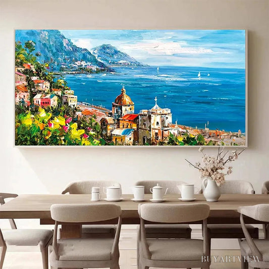 BUYARTVIEW Coastal Mediterranean Town – Vibrant Coastal Landscape Painting, Panoramic - image 2