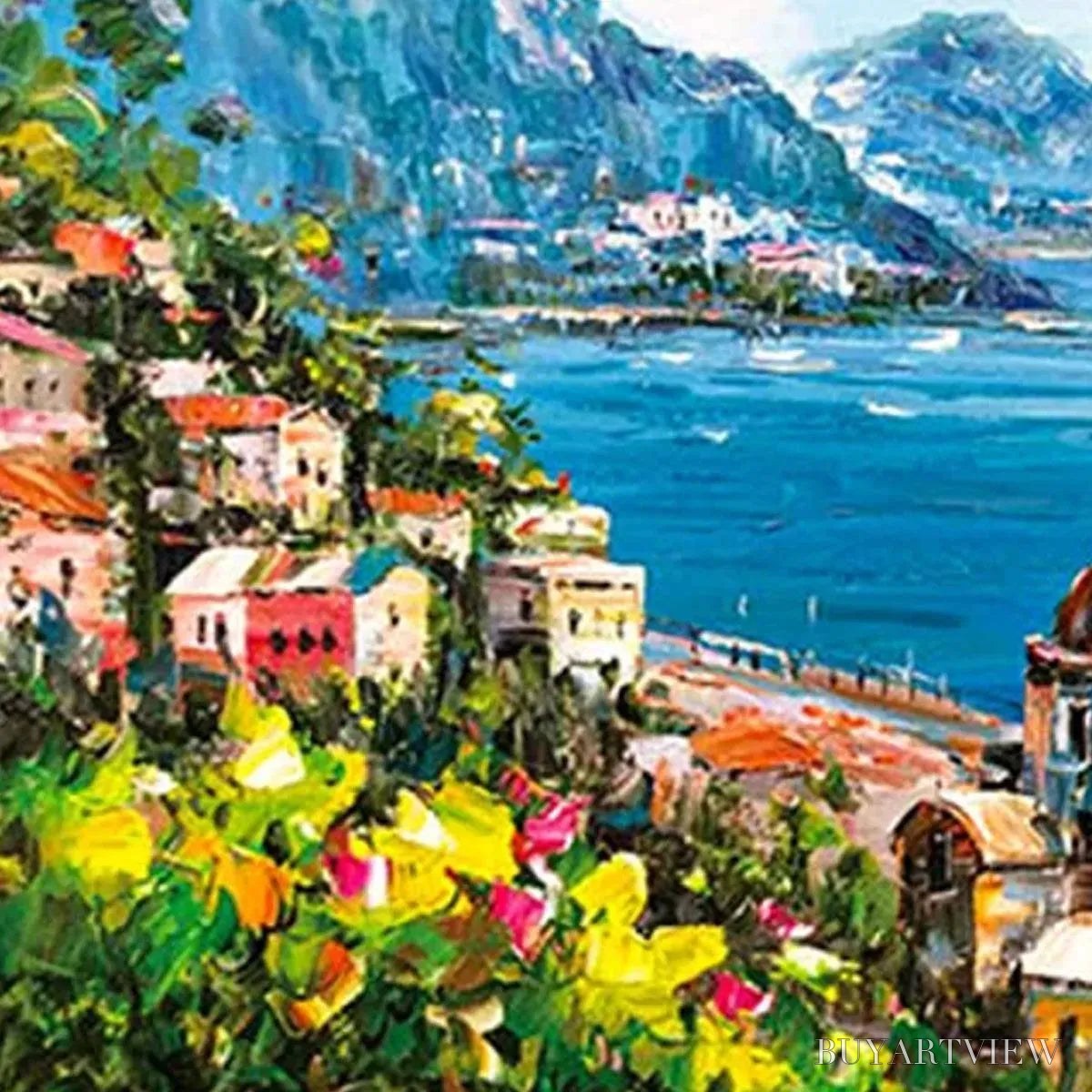BUYARTVIEW Coastal Mediterranean Town – Vibrant Coastal Landscape Painting, Panoramic - image 3