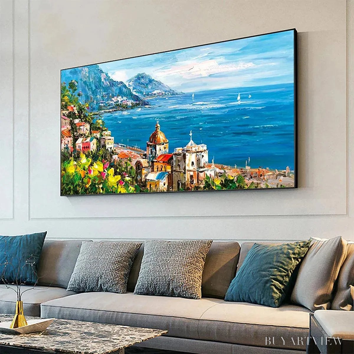 BUYARTVIEW Coastal Mediterranean Town – Vibrant Coastal Landscape Painting, Panoramic - image 4