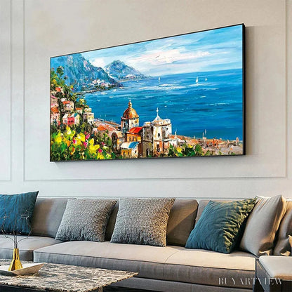 BUYARTVIEW Coastal Mediterranean Town – Vibrant Coastal Landscape Painting, Panoramic - image 4