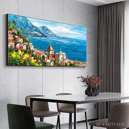 BUYARTVIEW Coastal Mediterranean Town – Vibrant Coastal Landscape Painting, Panoramic - image 5