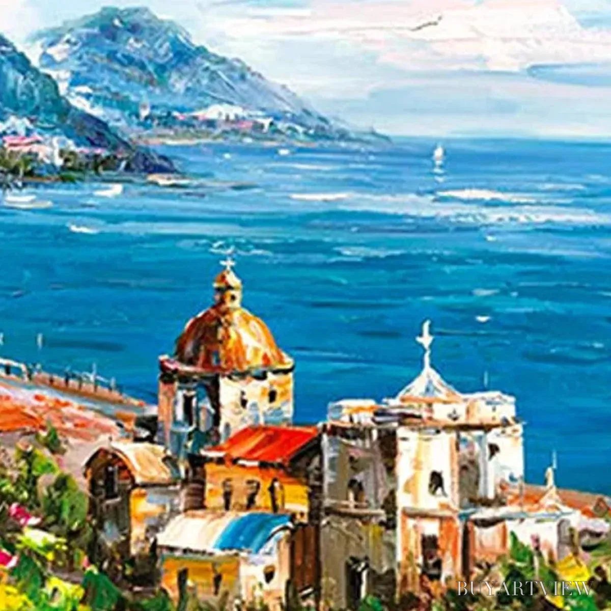 BUYARTVIEW Coastal Mediterranean Town – Vibrant Coastal Landscape Painting, Panoramic - image 6
