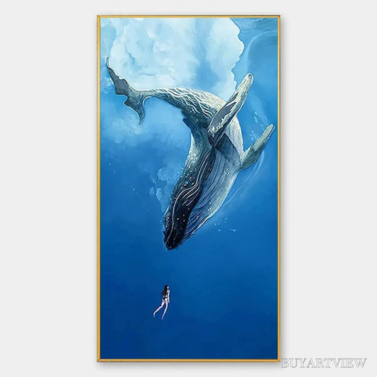 BUYARTVIEW Whale Encounter – Majestic Whale and Diver Painting, Vertical - image 1