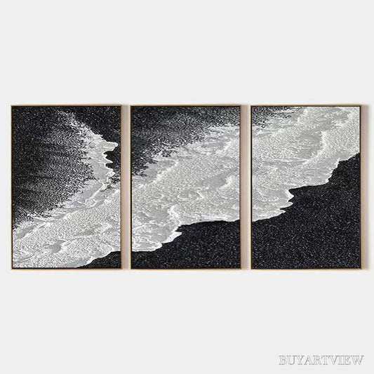 BUYARTVIEW Black & White Ocean Triptych – Abstract Ocean Painting Set of 3, Vertical - image 1