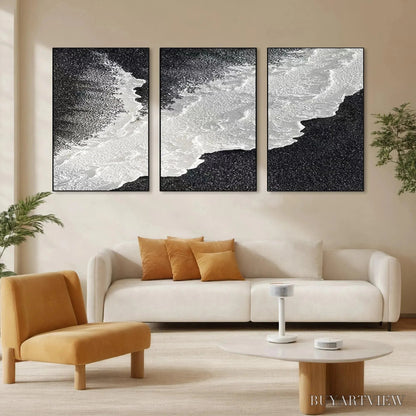 BUYARTVIEW Black & White Ocean Triptych – Abstract Ocean Painting Set of 3, Vertical - image 2