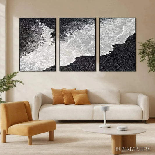 BUYARTVIEW Black & White Ocean Triptych – Abstract Ocean Painting Set of 3, Vertical - image 2