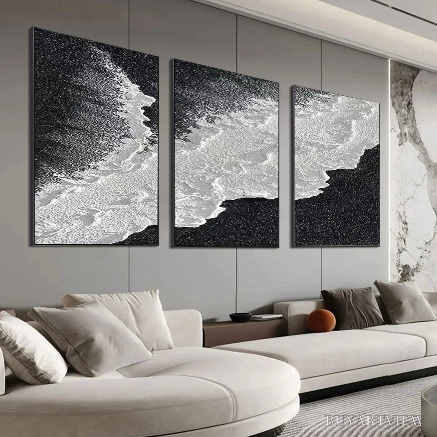 BUYARTVIEW Black & White Ocean Triptych – Abstract Ocean Painting Set of 3, Vertical - image 3
