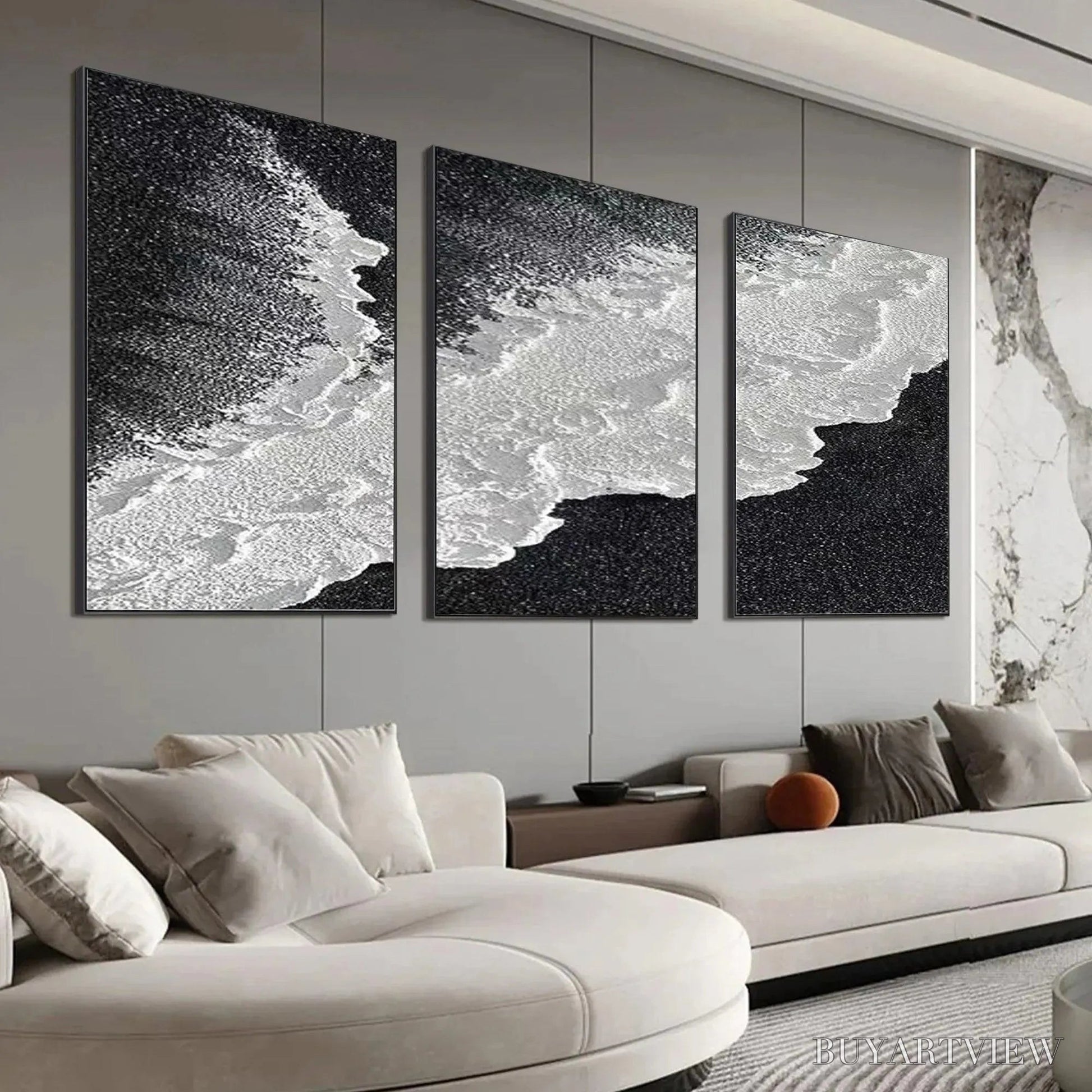 BUYARTVIEW Black & White Ocean Triptych – Abstract Ocean Painting Set of 3, Vertical - image 3