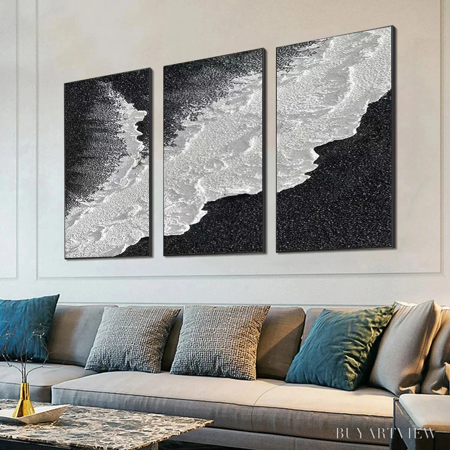 BUYARTVIEW Black & White Ocean Triptych – Abstract Ocean Painting Set of 3, Vertical - image 5