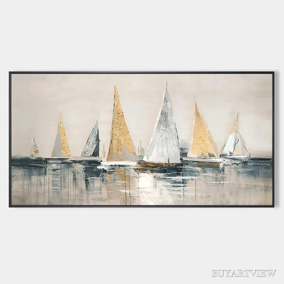 BUYARTVIEW Golden Sailboats – Textured Seascape Painting, Horizontal - image 1