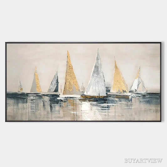BUYARTVIEW Golden Sailboats – Textured Seascape Painting, Horizontal - image 1