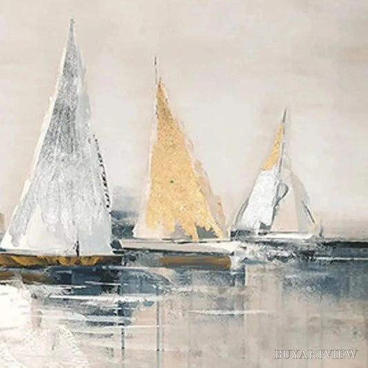 BUYARTVIEW Golden Sailboats – Textured Seascape Painting, Horizontal - image 2