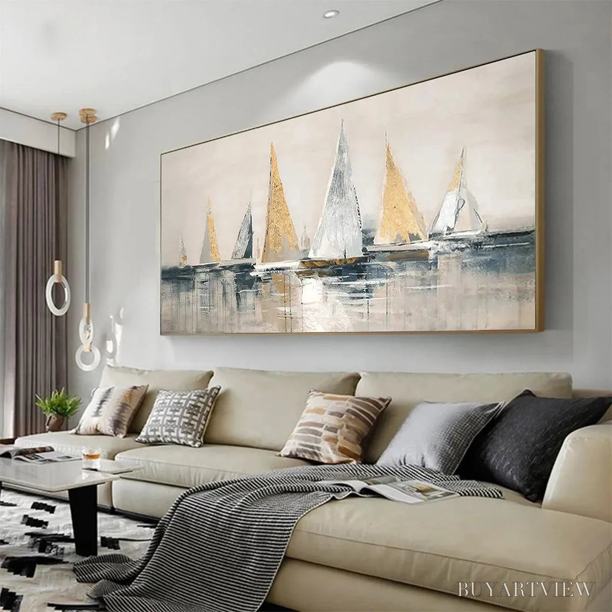 BUYARTVIEW Golden Sailboats – Textured Seascape Painting, Horizontal - image 3