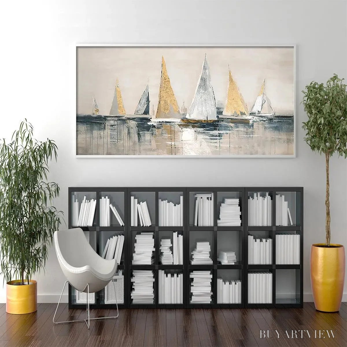BUYARTVIEW Golden Sailboats – Textured Seascape Painting, Horizontal - image 4