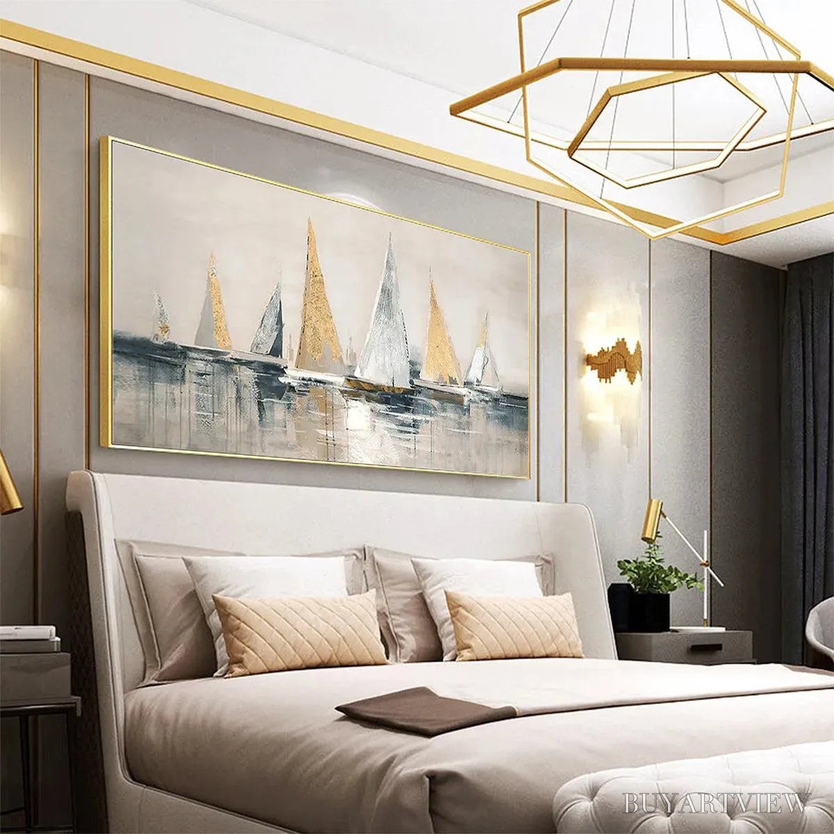 BUYARTVIEW Golden Sailboats – Textured Seascape Painting, Horizontal - image 5