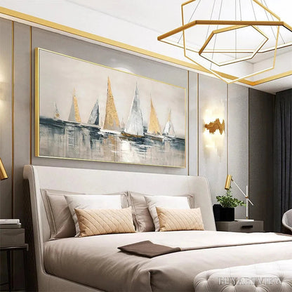BUYARTVIEW Golden Sailboats – Textured Seascape Painting, Horizontal - image 5