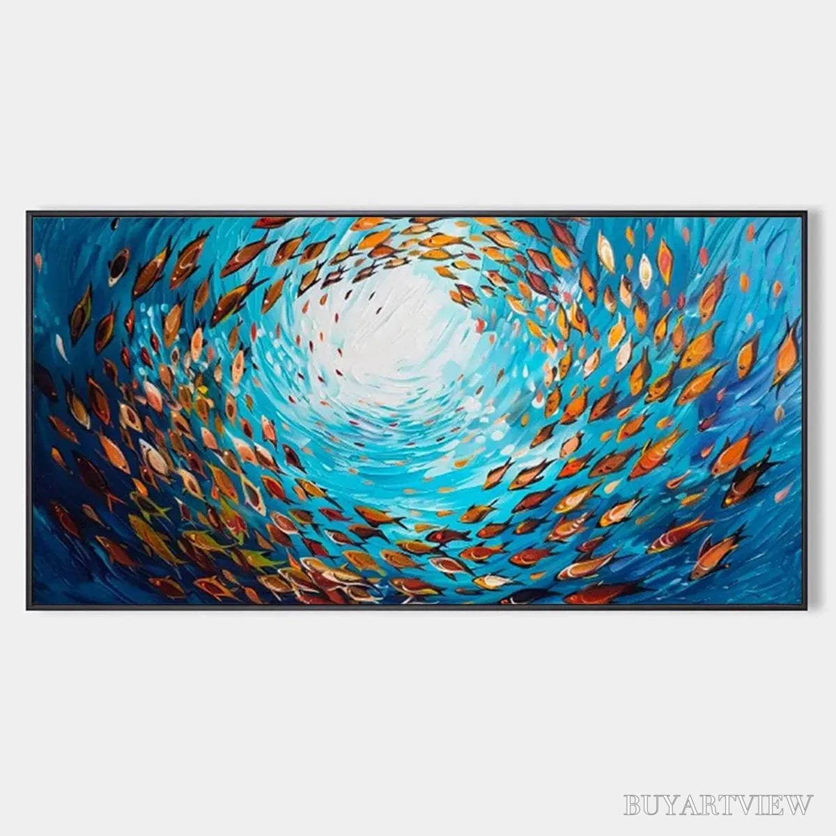 BUYARTVIEW Oceanic Whirl – Dynamic School of Fish Painting, Horizontal - image 1
