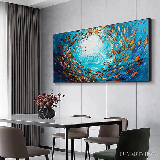 BUYARTVIEW Oceanic Whirl – Dynamic School of Fish Painting, Horizontal - image 2